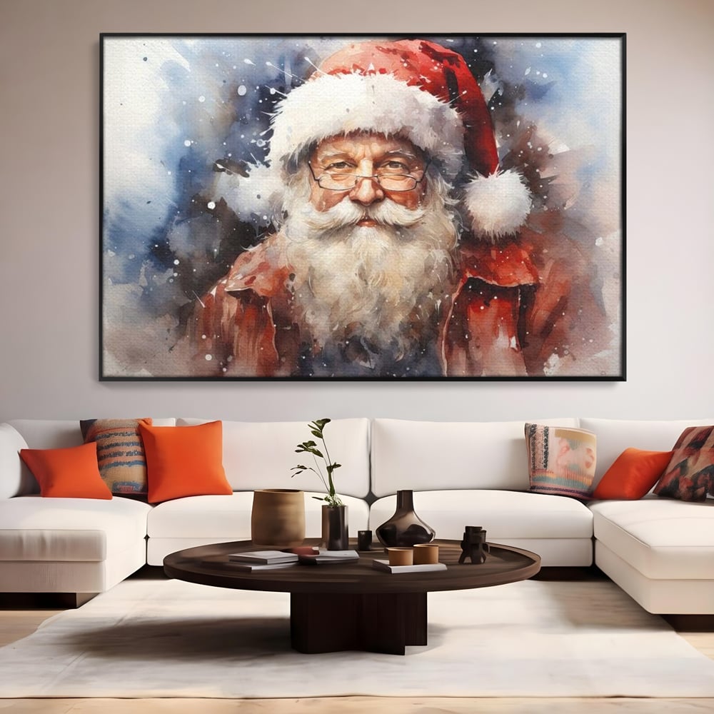 Tablou canvas cu tablou canvas cu mos craciun, in rama de aluminiu negru, pe perete intr-un living